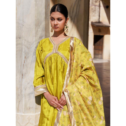 Bannhi Olive Yellow Uppada Silk Kurta With Pant and Printed Chanderi Dupatta