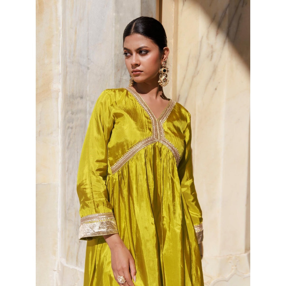 Bannhi Olive Yellow Uppada Silk Kurta With Pant and Printed Chanderi Dupatta