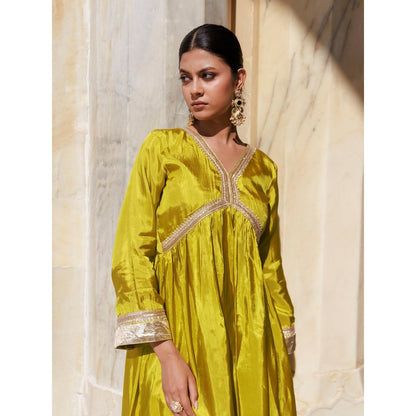 Bannhi Olive Yellow Uppada Silk Kurta With Pant and Printed Chanderi Dupatta