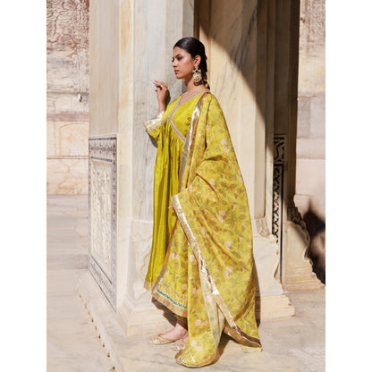 Bannhi Olive Yellow Uppada Silk Kurta With Pant and Printed Chanderi Dupatta