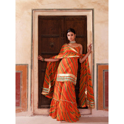 Bannhi Orange Chiffon Strappy Kurta With Sharara and Dupatta