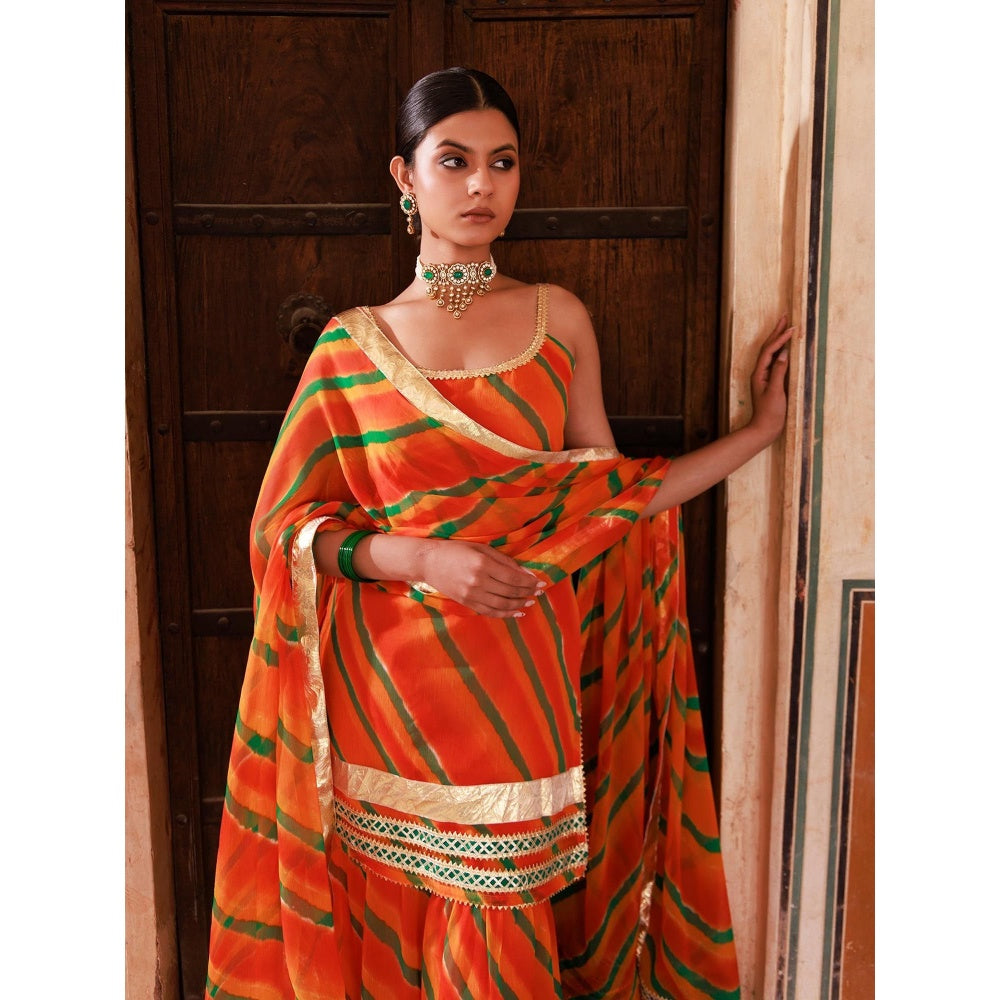 Bannhi Orange Chiffon Strappy Kurta With Sharara and Dupatta
