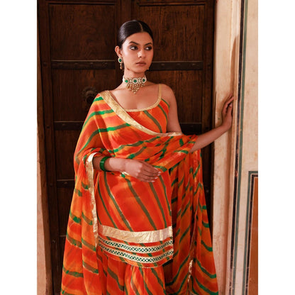 Bannhi Orange Chiffon Strappy Kurta With Sharara and Dupatta