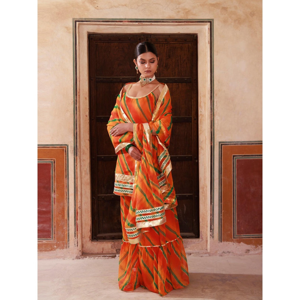 Bannhi Orange Chiffon Strappy Kurta With Sharara and Dupatta
