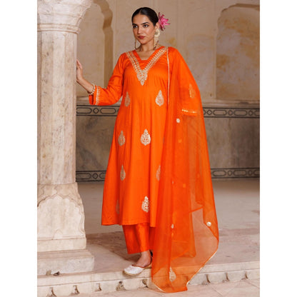 Bannhi Orange Cotton Silk Gota Patti Work Kurta With Pant and Dupatta