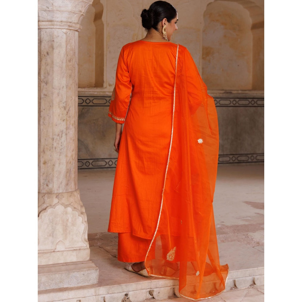 Bannhi Orange Cotton Silk Gota Patti Work Kurta With Pant and Dupatta