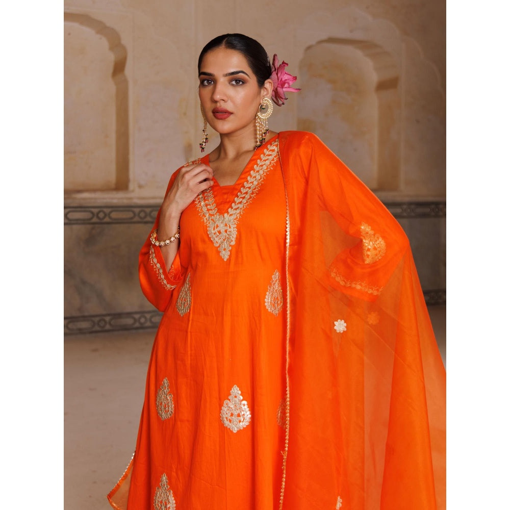 Bannhi Orange Cotton Silk Gota Patti Work Kurta With Pant and Dupatta