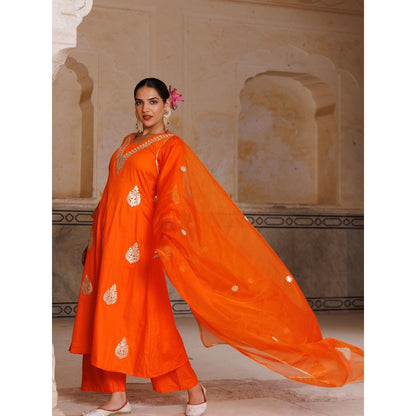 Bannhi Orange Cotton Silk Gota Patti Work Kurta With Pant and Dupatta