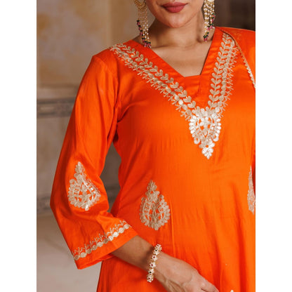 Bannhi Orange Cotton Silk Gota Patti Work Kurta With Pant and Dupatta
