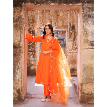 Bannhi Orange Embroidered Kurta With Pant and Dupatta