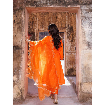 Bannhi Orange Embroidered Kurta With Pant and Dupatta
