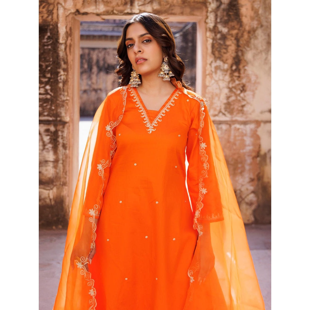 Bannhi Orange Embroidered Kurta With Pant and Dupatta