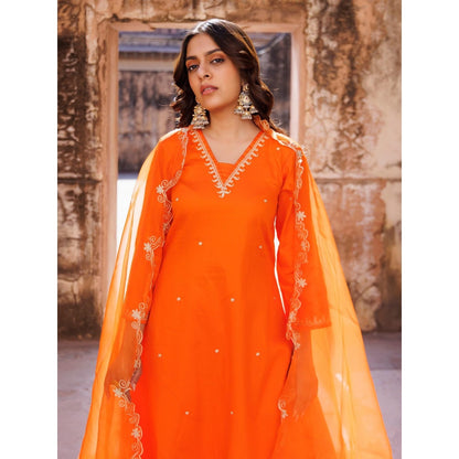 Bannhi Orange Embroidered Kurta With Pant and Dupatta