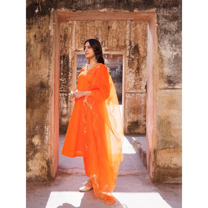Bannhi Orange Embroidered Kurta With Pant and Dupatta