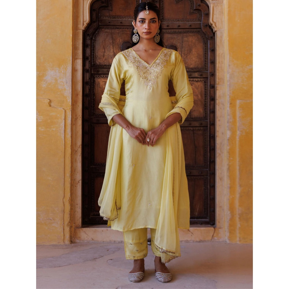 Bannhi Pastel Yellow Silk, Hand-Embroidered Kurta With Pant and Dupatta