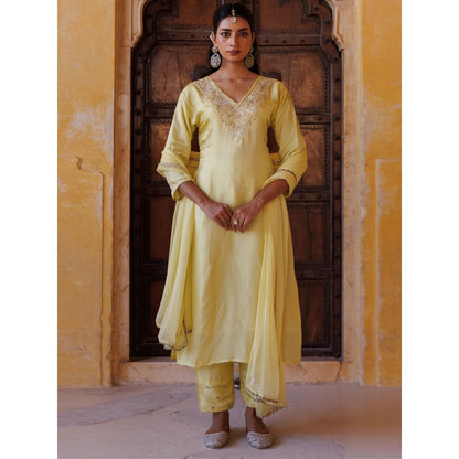 Bannhi Pastel Yellow Silk, Hand-Embroidered Kurta With Pant and Dupatta