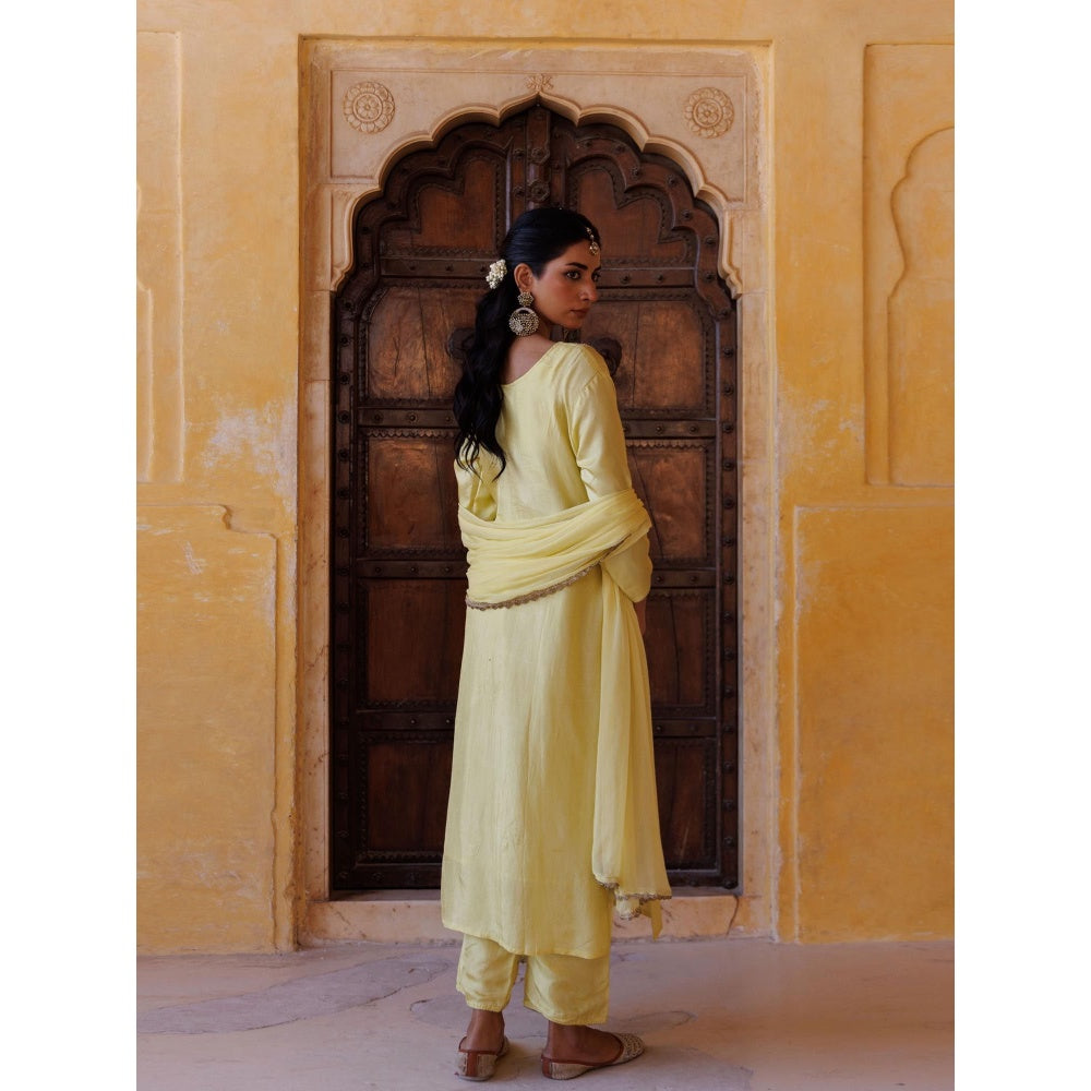 Bannhi Pastel Yellow Silk, Hand-Embroidered Kurta With Pant and Dupatta