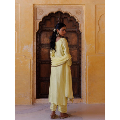 Bannhi Pastel Yellow Silk, Hand-Embroidered Kurta With Pant and Dupatta