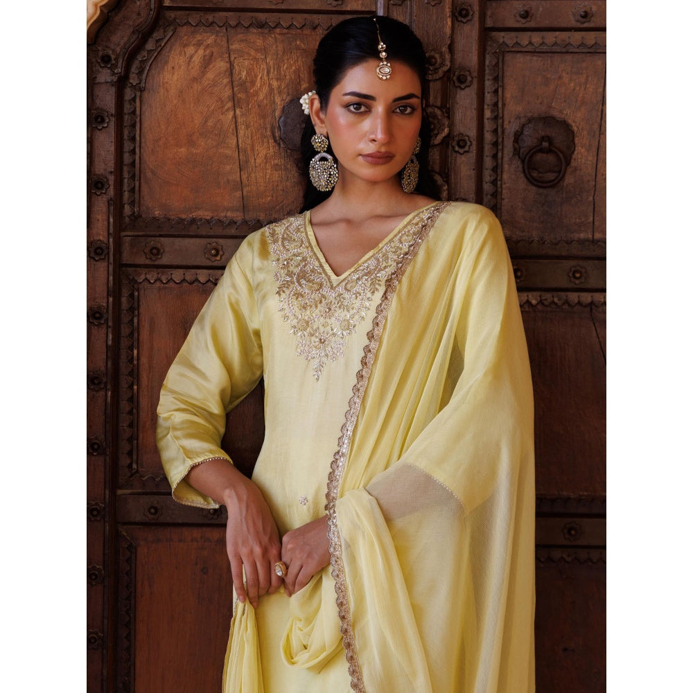 Bannhi Pastel Yellow Silk, Hand-Embroidered Kurta With Pant and Dupatta