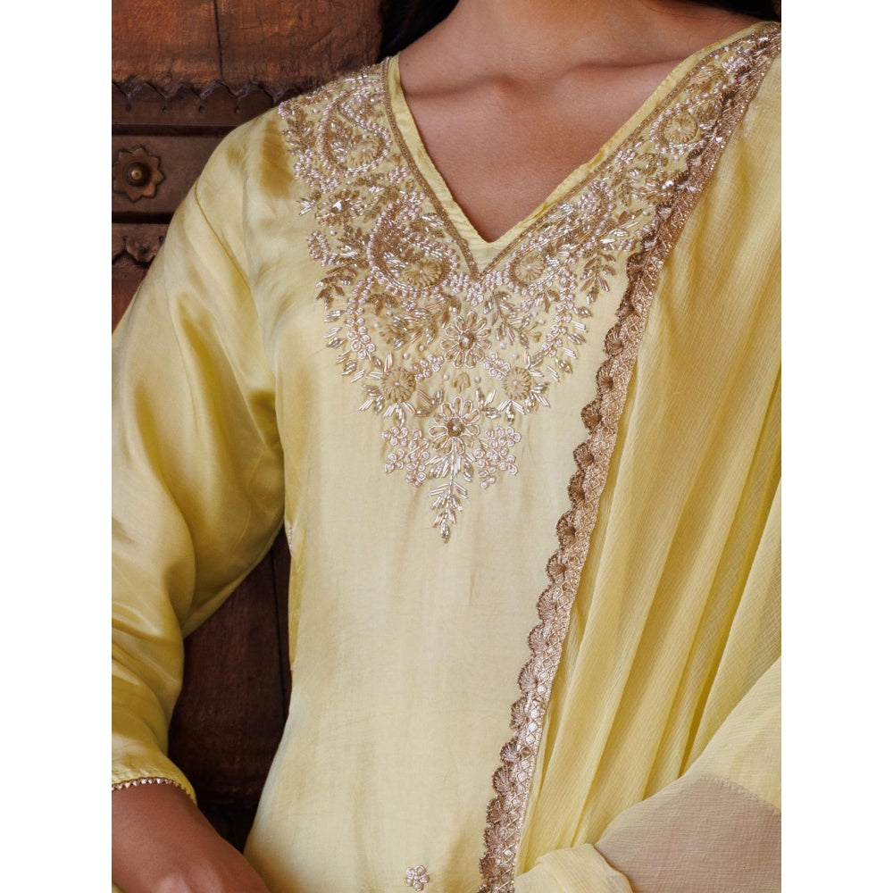 Bannhi Pastel Yellow Silk, Hand-Embroidered Kurta With Pant and Dupatta