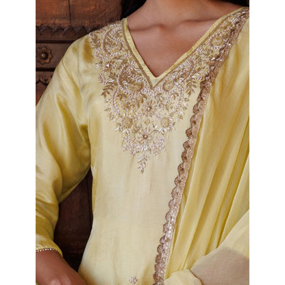 Bannhi Pastel Yellow Silk, Hand-Embroidered Kurta With Pant and Dupatta