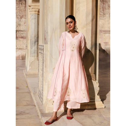Bannhi Peach Chanderi Aari Embroidered Anarkali With Pant and Dupatta