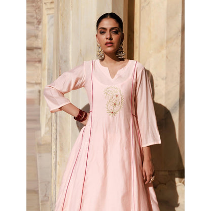 Bannhi Peach Chanderi Aari Embroidered Anarkali With Pant and Dupatta