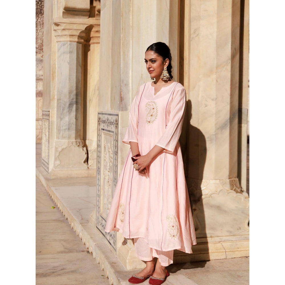 Bannhi Peach Chanderi Aari Embroidered Anarkali With Pant and Dupatta
