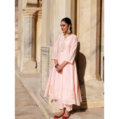 Bannhi Peach Chanderi Aari Embroidered Anarkali With Pant and Dupatta