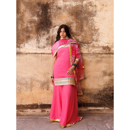 Bannhi Pink Crepe Strappy Kurta With Sharara and Dupatta