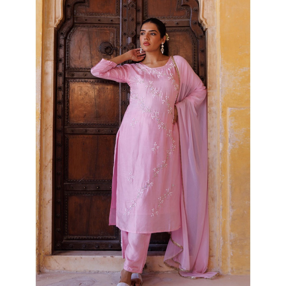 Bannhi Pink Silk Hand-Embroidered Kurta With Pant and Dupatta