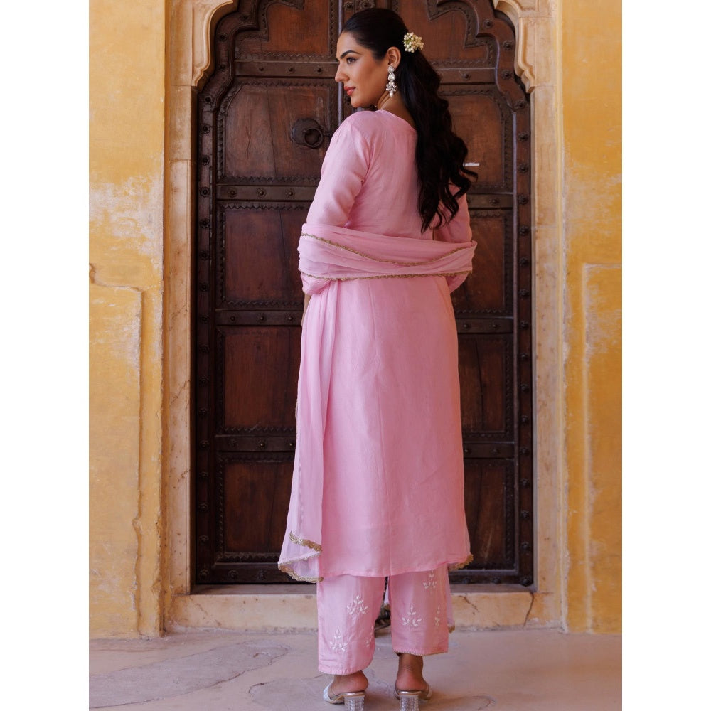 Bannhi Pink Silk Hand-Embroidered Kurta With Pant and Dupatta