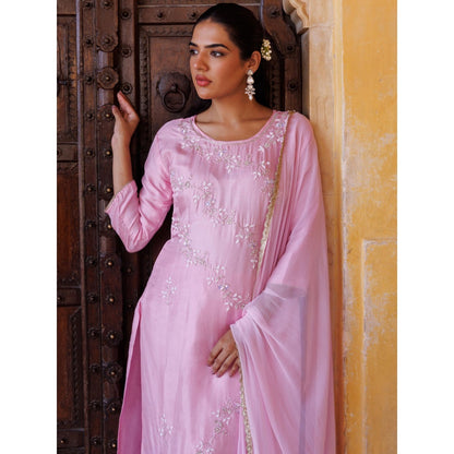 Bannhi Pink Silk Hand-Embroidered Kurta With Pant and Dupatta