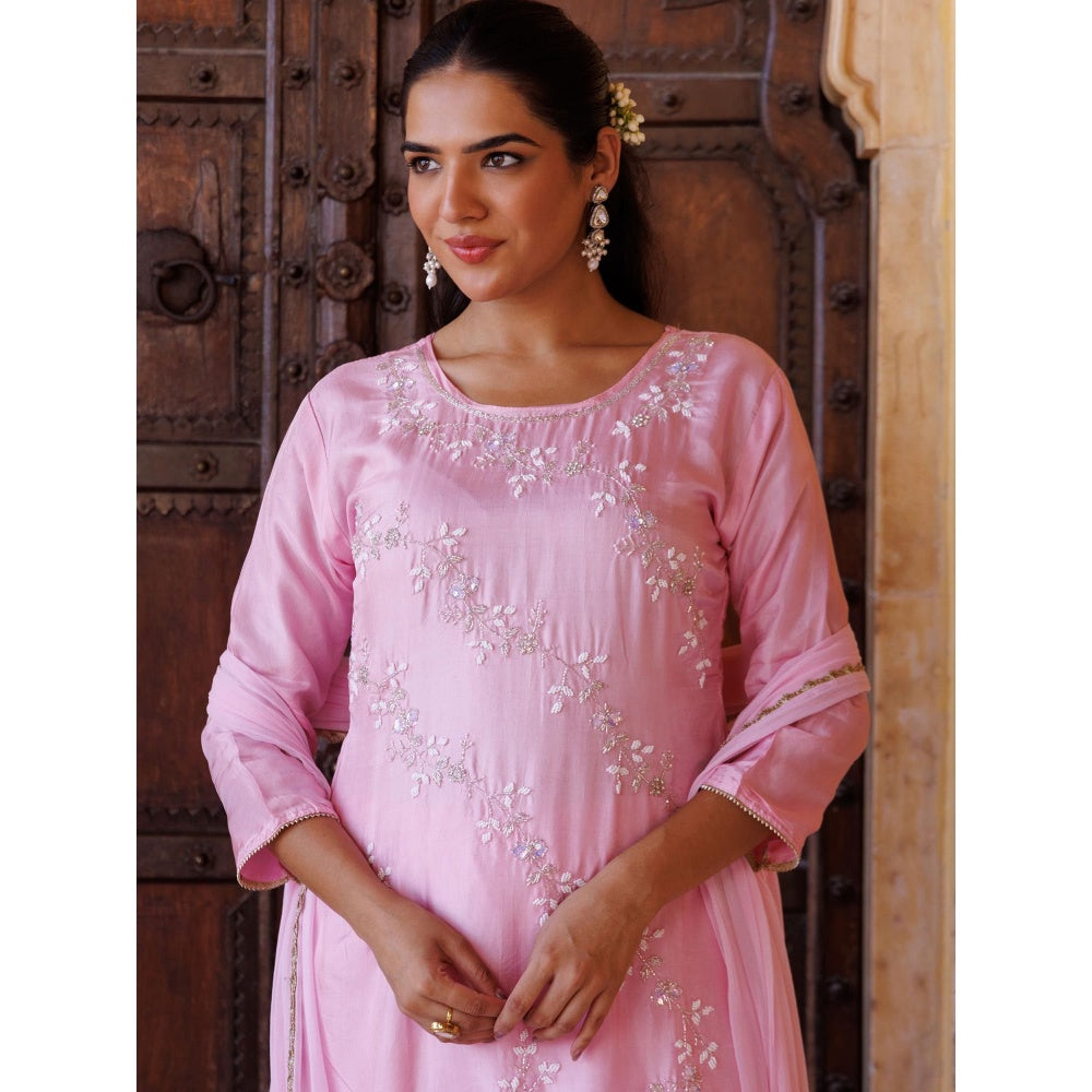 Bannhi Pink Silk Hand-Embroidered Kurta With Pant and Dupatta