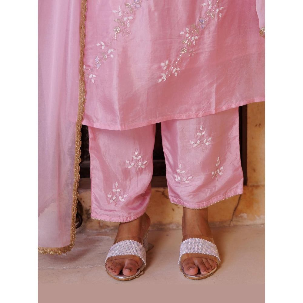 Bannhi Pink Silk Hand-Embroidered Kurta With Pant and Dupatta