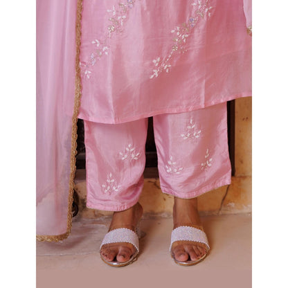 Bannhi Pink Silk Hand-Embroidered Kurta With Pant and Dupatta
