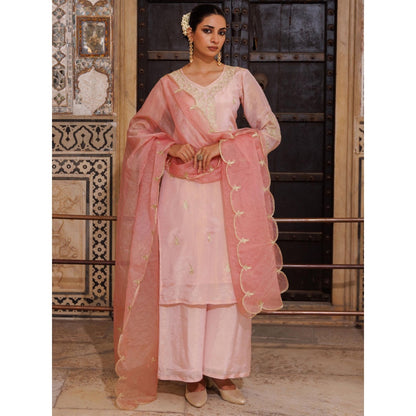 Bannhi Pink Tissue Georgette Aari Embroidered Kurta With Palazzo and Dupatta
