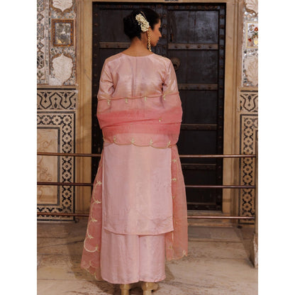 Bannhi Pink Tissue Georgette Aari Embroidered Kurta With Palazzo and Dupatta