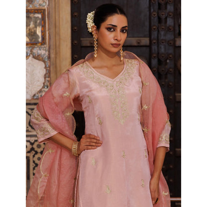 Bannhi Pink Tissue Georgette Aari Embroidered Kurta With Palazzo and Dupatta