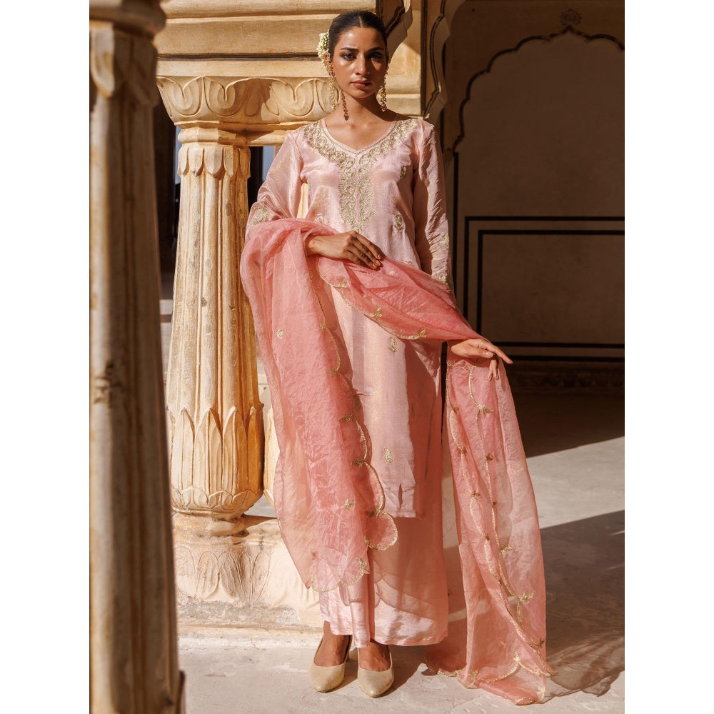 Bannhi Pink Tissue Georgette Aari Embroidered Kurta With Palazzo and Dupatta