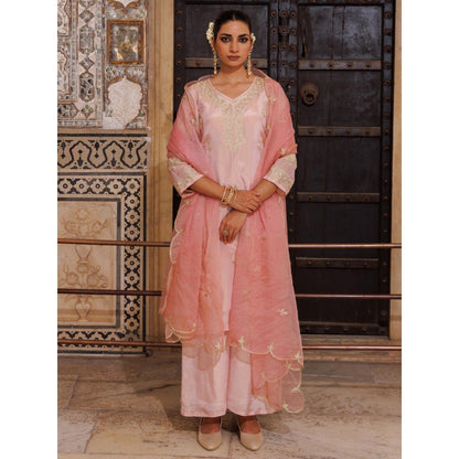 Bannhi Pink Tissue Georgette Aari Embroidered Kurta With Palazzo and Dupatta