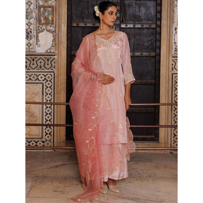 Bannhi Pink Tissue Georgette Aari Embroidered Kurta With Palazzo and Dupatta