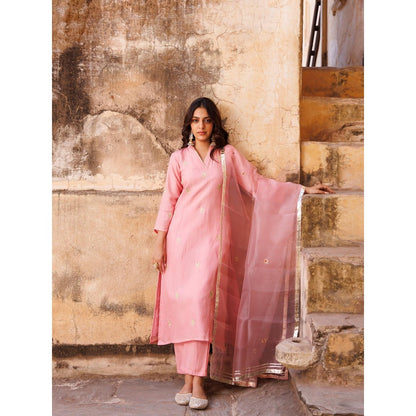 Bannhi Pink Uppada Silk Aari Embroidered Kurta With Palazzo and Dupatta