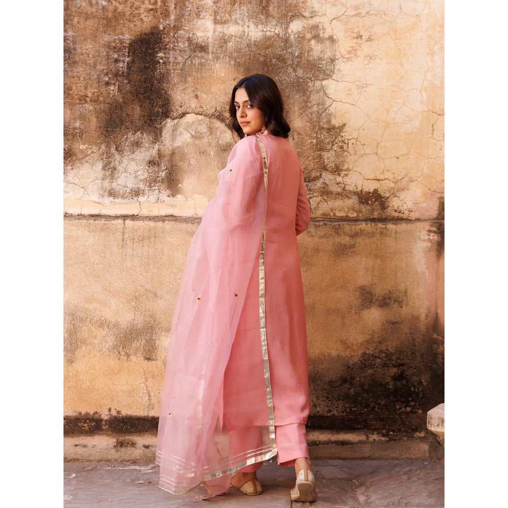 Bannhi Pink Uppada Silk Aari Embroidered Kurta With Palazzo and Dupatta