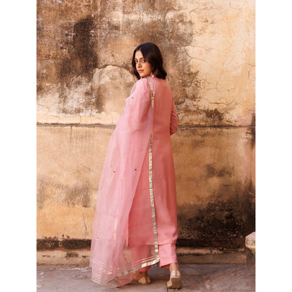 Bannhi Pink Uppada Silk Aari Embroidered Kurta With Palazzo and Dupatta