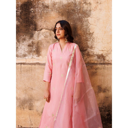 Bannhi Pink Uppada Silk Aari Embroidered Kurta With Palazzo and Dupatta