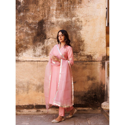 Bannhi Pink Uppada Silk Aari Embroidered Kurta With Palazzo and Dupatta