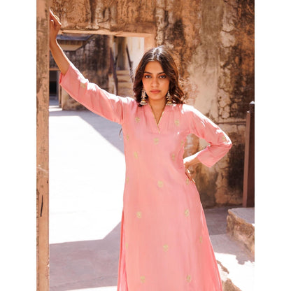 Bannhi Pink Uppada Silk Aari Embroidered Kurta With Palazzo and Dupatta