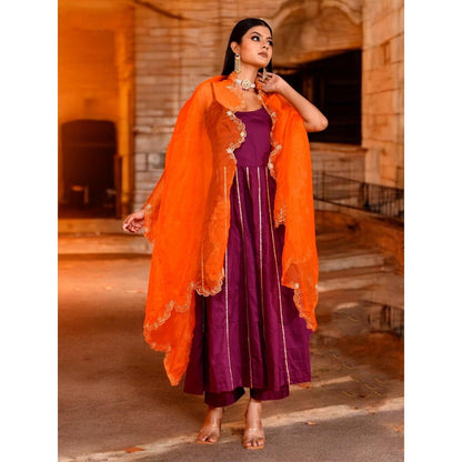 Bannhi Purple Aari Embroidered Anarkali With Pant and Dupatta