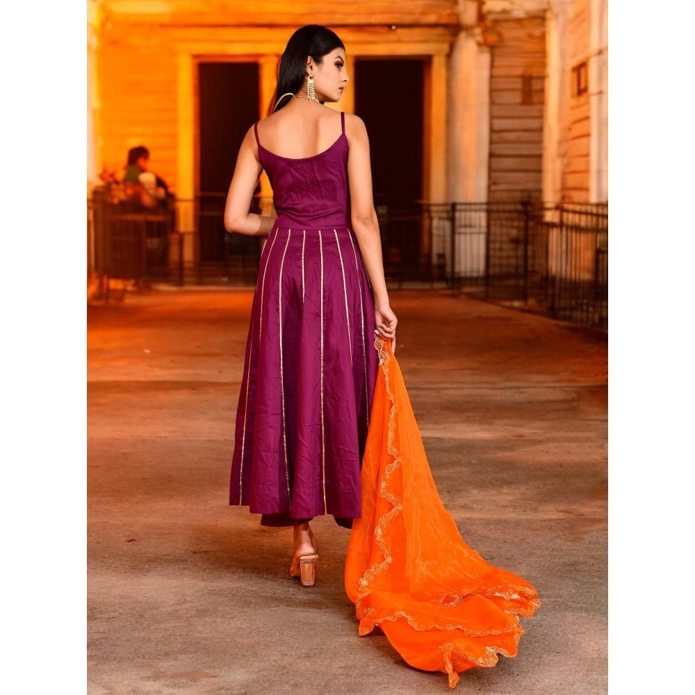 Bannhi Purple Aari Embroidered Anarkali With Pant and Dupatta
